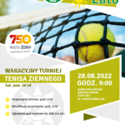 na plakacie informacje o turnieju tenisa ziemnego, na zdjęciu piłeczka tenisowa wpadająca w siatkę