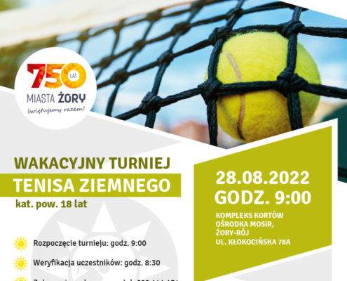 na plakacie informacje o turnieju tenisa ziemnego, na zdjęciu piłeczka tenisowa wpadająca w siatkę