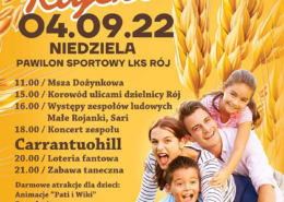 na plakacie na żółtym tle informacje o festynie, w tle ilustracje kłosów, na dole zdjęcie rodziny i loga