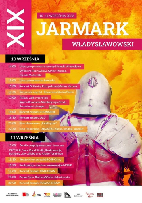 Plakat w czerwono-żółtej kolorystyce z napisem XIX Jarmark Władysławowski, data 10-11 września. Przedstawia postać rycerza w zbroi od tyłu. Na plakacie informacje z programem imprezy
