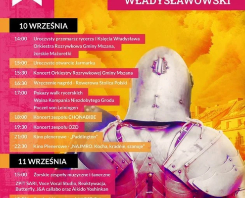 Plakat w czerwono-żółtej kolorystyce z napisem XIX Jarmark Władysławowski, data 10-11 września. Przedstawia postać rycerza w zbroi od tyłu. Na plakacie informacje z programem imprezy