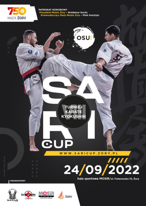 na ciemnym plakacie informacje o turnieju karate, loga organizatorów i zdjęcie dwóch walczących zawodników