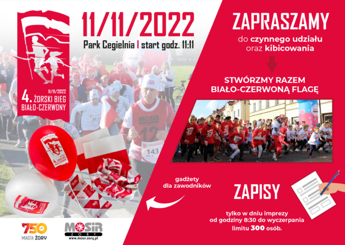 na grafice na czerwonym tle informacje o zapisach na bieg biało-czerwony, z boku zdjęcie gadżetów i startu biegu