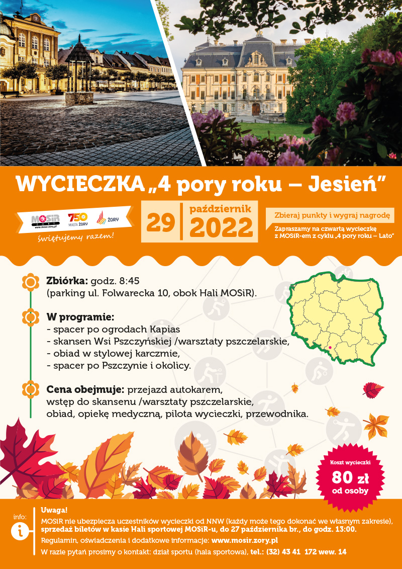 na plakacie informacje na temat wycieczki do Pszczyny, ilustracje liści jesiennych i dwa zdjęcia z widokiem