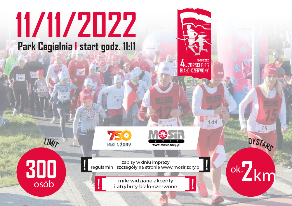 na plakacie zdjęcie startu biegu biało-czerwonego w tle oraz informacje na temat edycji 2022, u góry logo wydarzenia