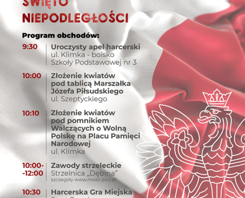 plakat promujący Obchody Narodowego Święta Niepodległości w Żorach z programem opisanym w tekście.