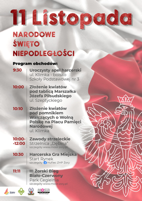 plakat promujący Obchody Narodowego Święta Niepodległości w Żorach z programem opisanym w tekście.