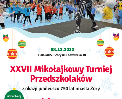 na plakacie zdjęcie ćwiczących dzieci w hali sportowej w grupie oraz informacje dotyczące turnieju przedszkolaków