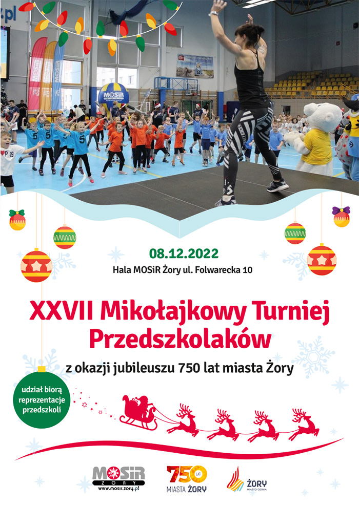 na plakacie zdjęcie ćwiczących dzieci w hali sportowej w grupie oraz informacje dotyczące turnieju przedszkolaków