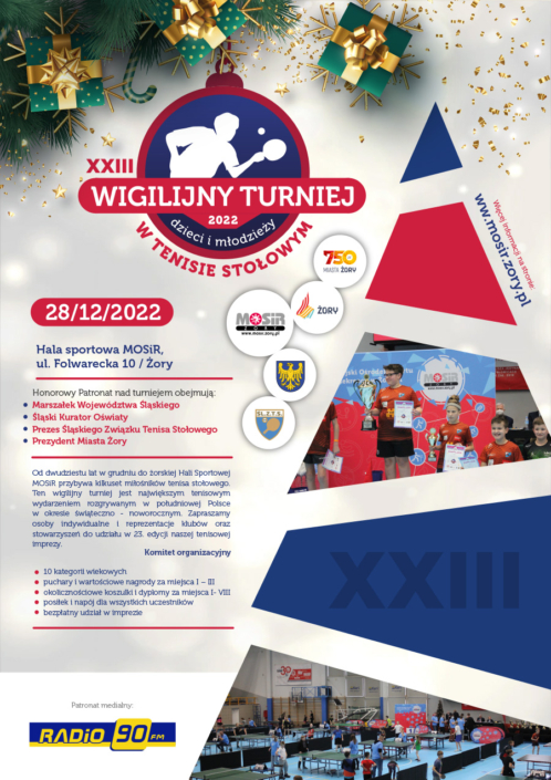 na plakacie informacje o turnieju tenisa stołowego, z boku ilustracja choinki ze zdjęciami z turnieju, u góry logo imprezy i motyw świąteczny