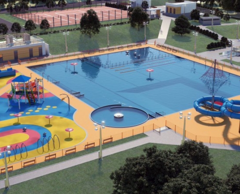 na zdjęciu wizualizacja nowego kompleksu basenowego w Żorach-Roju