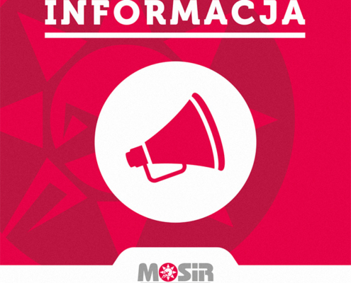 na obrazie na czerwonym tle napis informacja oraz logo MOSiR i grafika megafonu