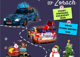 Plakat z napisem: Świąteczne samochody w Żorach. Start dworzec kolejowy, niedziela 18 grudnia, godz. 16:50, meta Rynek godz. 19:15. Dodatkowo zdjęcia samochodów z lampkami.