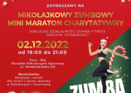 na czerwono-zielonym plakacie informacje o maratonie zumby, z boku zdjęcie instruktorki fintess, na dole zdjęcia zajęć na rynku