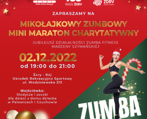 na czerwono-zielonym plakacie informacje o maratonie zumby, z boku zdjęcie instruktorki fintess, na dole zdjęcia zajęć na rynku