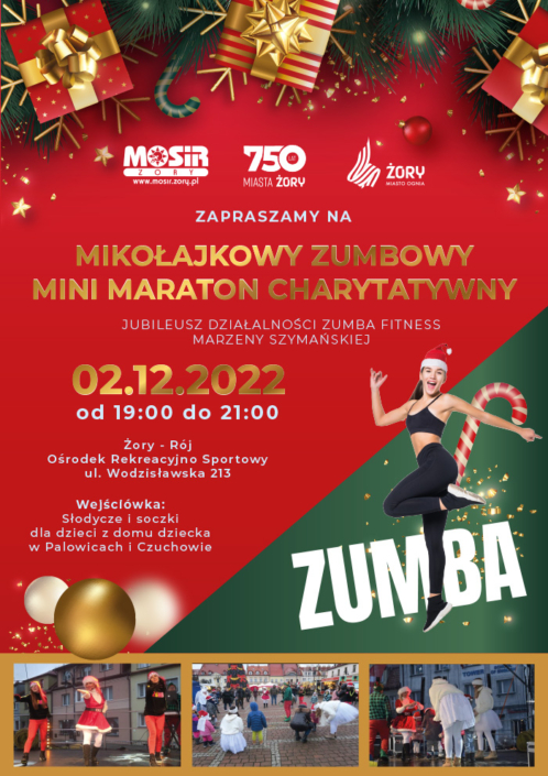 na czerwono-zielonym plakacie informacje o maratonie zumby, z boku zdjęcie instruktorki fintess, na dole zdjęcia zajęć na rynku