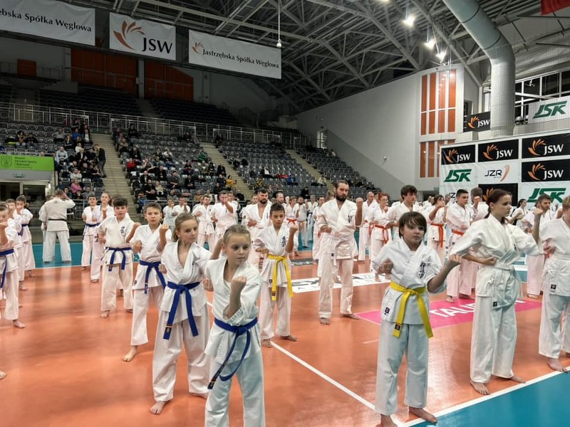 na zdjęciu grupa karateków w hali sportowej