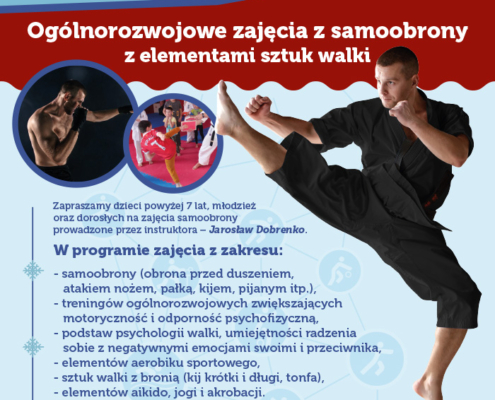 na plakacie w motywie zimowym informacje o zajęciach z samoobrony, z boku zdjęcia karateki, boksera i zajęć na macie