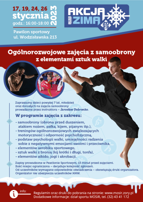 na plakacie w motywie zimowym informacje o zajęciach z samoobrony, z boku zdjęcia karateki, boksera i zajęć na macie