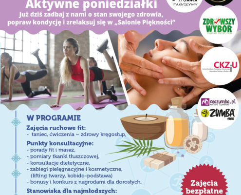 na plakacie w motywie zimowym informacje o zajęciach aktywne poniedziałki, z boku ilustracja SPA, na środku zdjęcia zajęć fitness i zabiegu na twarz