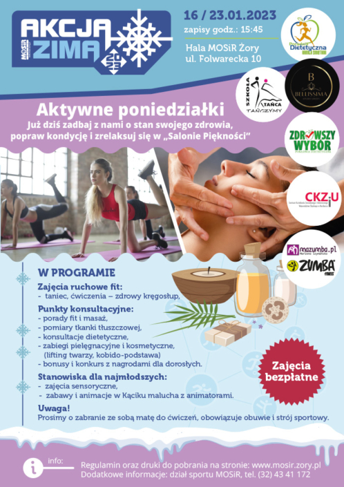na plakacie w motywie zimowym informacje o zajęciach aktywne poniedziałki, z boku ilustracja SPA, na środku zdjęcia zajęć fitness i zabiegu na twarz