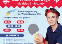na plakacie w motywie zimowym informacje o szkółce gry w tenisa stołowego, z boku zdjęcie gracza z rakietką i piłką