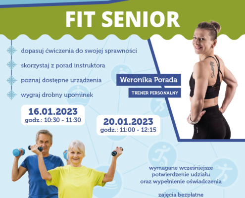 na plakacie w motywie zimowym informacje o zajęciach na siłowni dla seniorów, z boku zdjęcie instruktora oraz ćwiczących seniorów