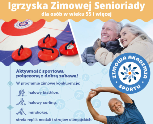 na plakacie w motywie zimowym informacje o zimowej senioriadzie, u góry zdjęcia curlingu oraz seniorów