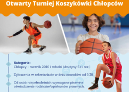 na plakacie w motywie zimowym informacje o otwartym turnieju koszykówki chłopców, u góry zdjęcie grających dzieci w koszykówkę
