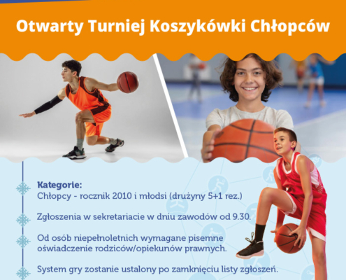 na plakacie w motywie zimowym informacje o otwartym turnieju koszykówki chłopców, u góry zdjęcie grających dzieci w koszykówkę