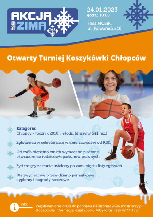 na plakacie w motywie zimowym informacje o otwartym turnieju koszykówki chłopców, u góry zdjęcie grających dzieci w koszykówkę