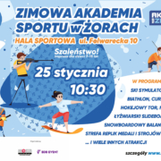 na plakacie w motywie zimowym informacje o zimowej akademii sportu, loga i ilustracje zimowych dyscyplin