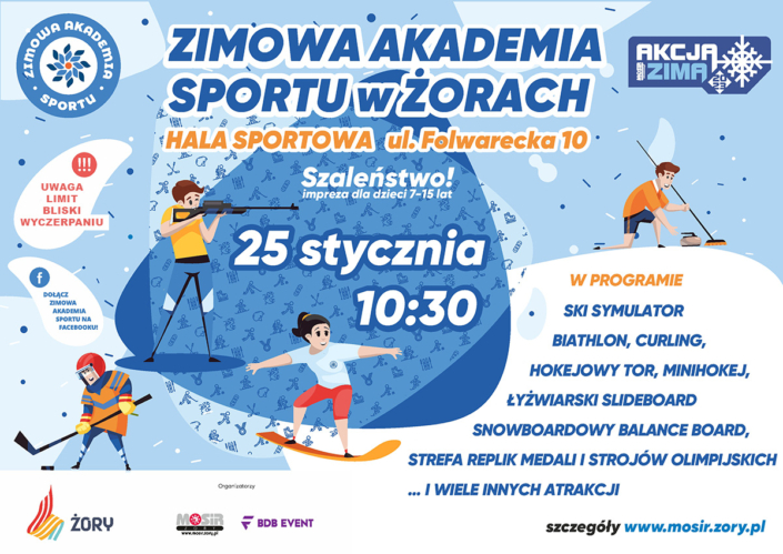 na plakacie w motywie zimowym informacje o zimowej akademii sportu, loga i ilustracje zimowych dyscyplin
