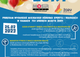 na plakacie informacje o urodzinowych atrakcjach sportowych na niebieskim tle, u góry ilustracja balonów, na dole rynek miasta Żory