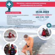 na plakacie informacje o warsztatach pierwszej pomocy, zdjęcie morsa wychodzącego z wody i loga partnerów