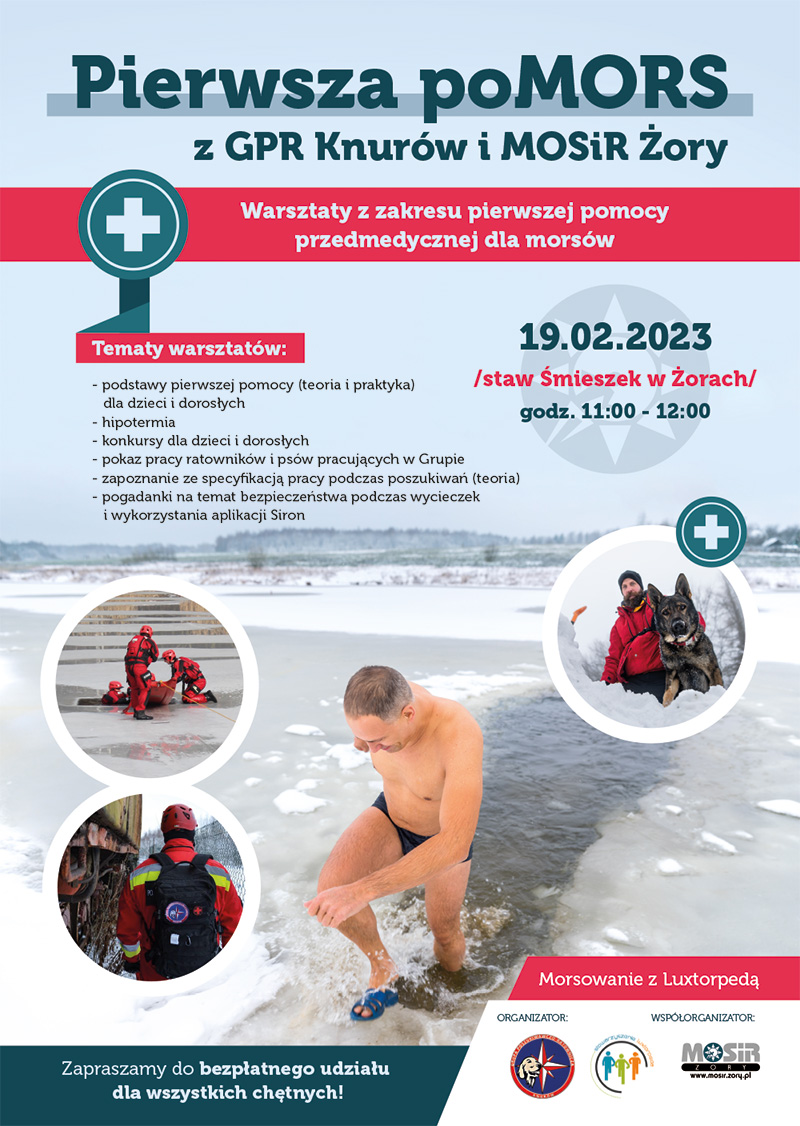 na plakacie informacje o warsztatach pierwszej pomocy, zdjęcie morsa wychodzącego z wody i loga partnerów
