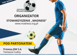 na plakacie informacje o turnieju piłki nożnej, na dole loga, w tle zdjęcie piłkarza odbijającego piłkę
