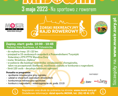 na plakacie informacje o rajdzie rowerowym, u góry zdjęcie rowerzystów jadących w szeregu, na dole loga i kod qr