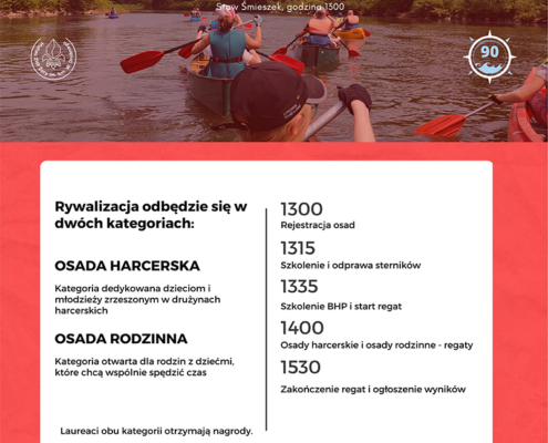 na plakacie informacje o regatach i zdjęcie kajakarzy na jeziorze