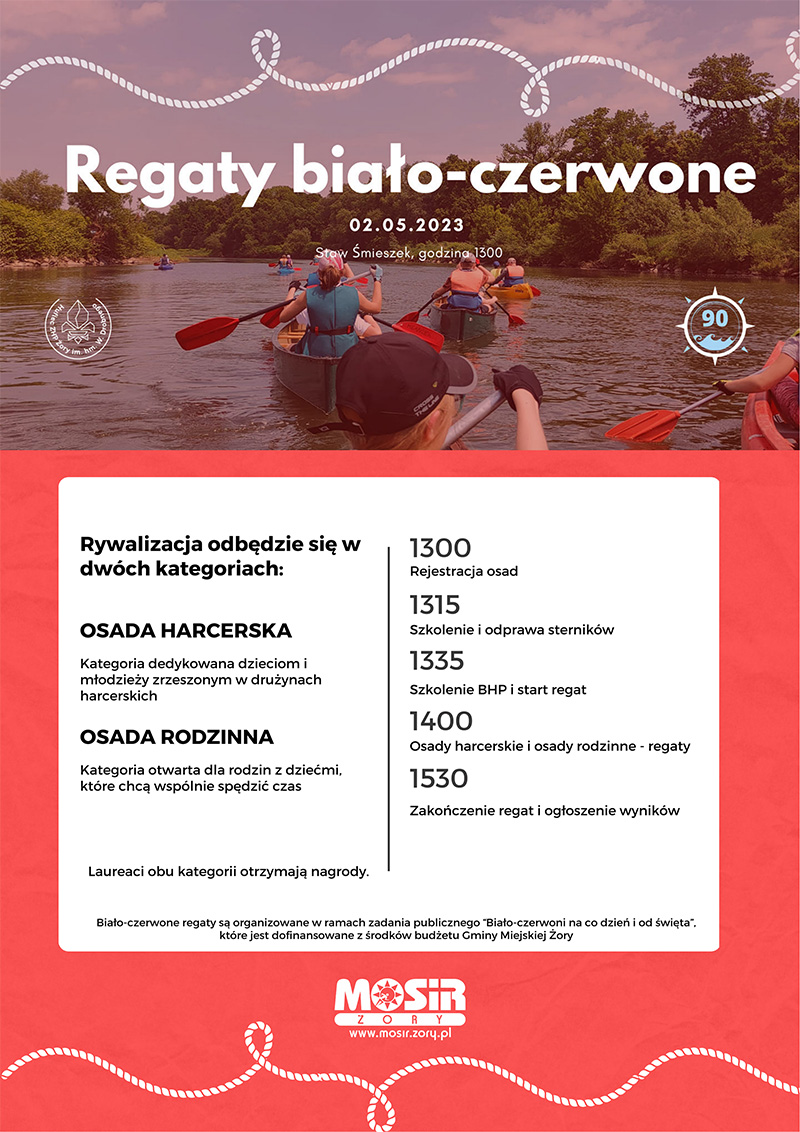 na plakacie informacje o regatach i zdjęcie kajakarzy na jeziorze