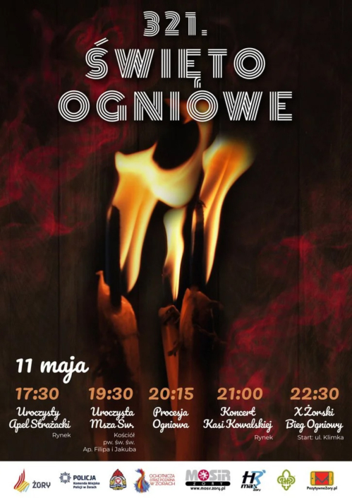 plakat promujący 321. Święto Ogniowe z wizerunkiem pochodni oraz programem opisanym w tekście.