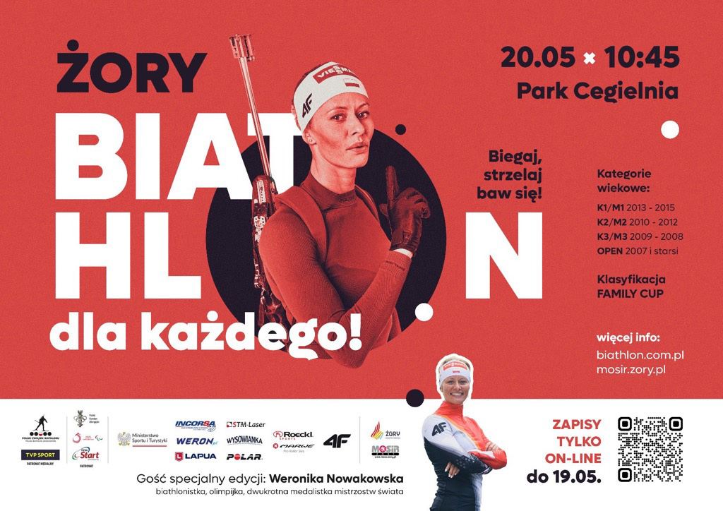 na grafice na czerwonym tle zapowiedź biathlonu dla każdego i zdjęcie Weroniki Nowakowskiej plus loga u dołu