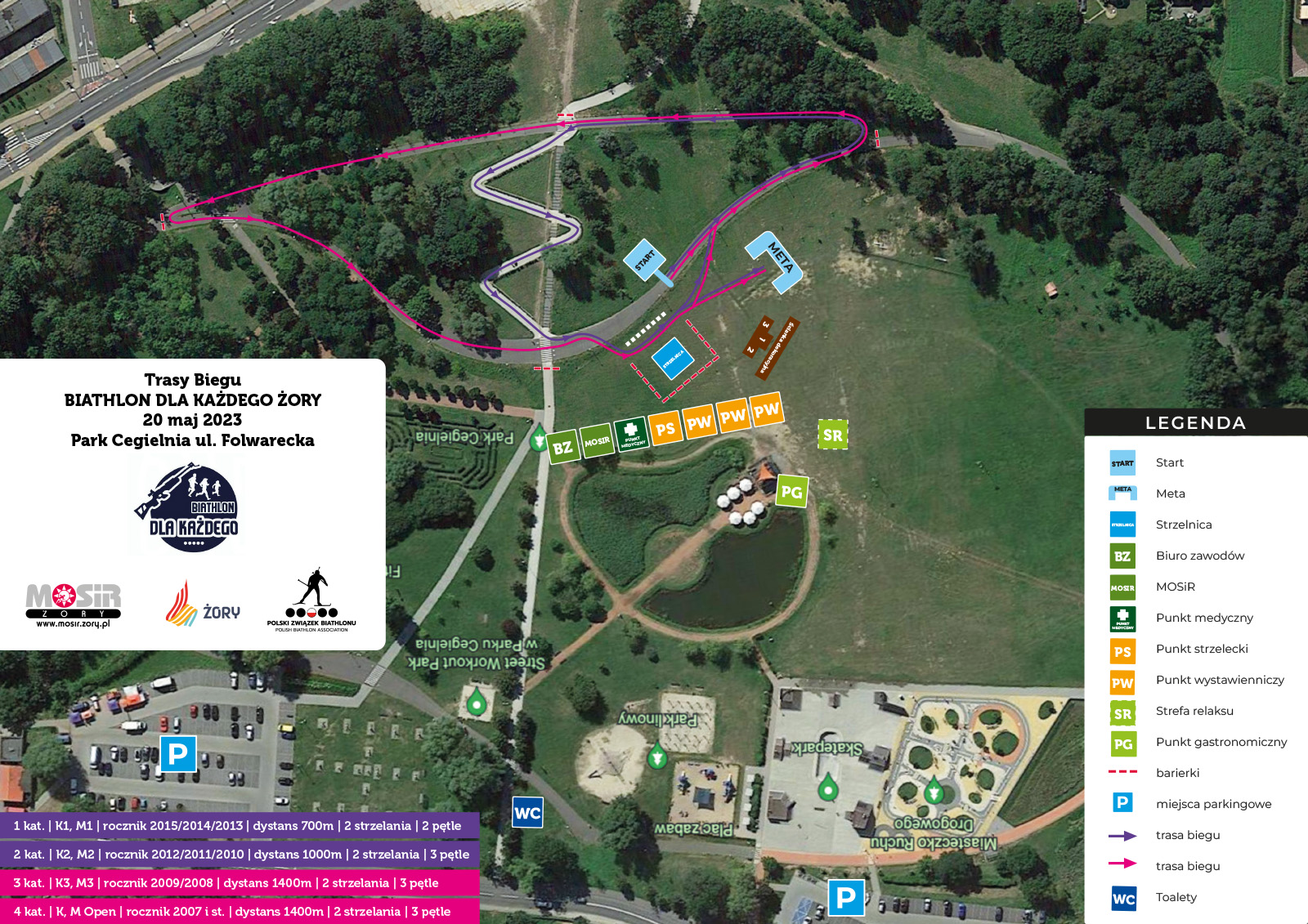 na grafice mapa biathlonu w Parku Cegielnia i zaznaczone punkty organizacyjne