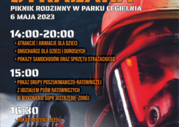 na plakacie informacje o dniu strażaka, w tle zdjęcie strażaka, na dole loga