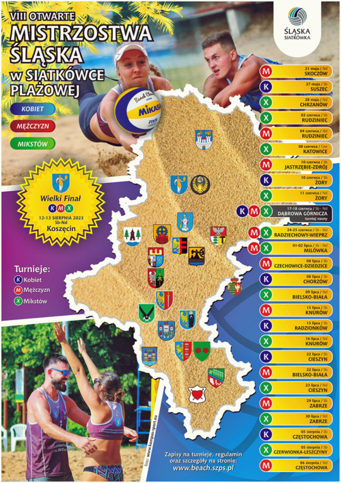 na kolorowym plakacie obrys województwa śląskiego, lista turniejów siatkówki plażowej w poszczególnych miastach i zdjęcia z meczu piłki plażowej