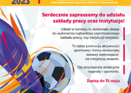 na plakacie kolorowa ilustracja nogi piłkarza kopiącego piłkę, na dole loga, w tekście informacje o turnieju piłki nożnej