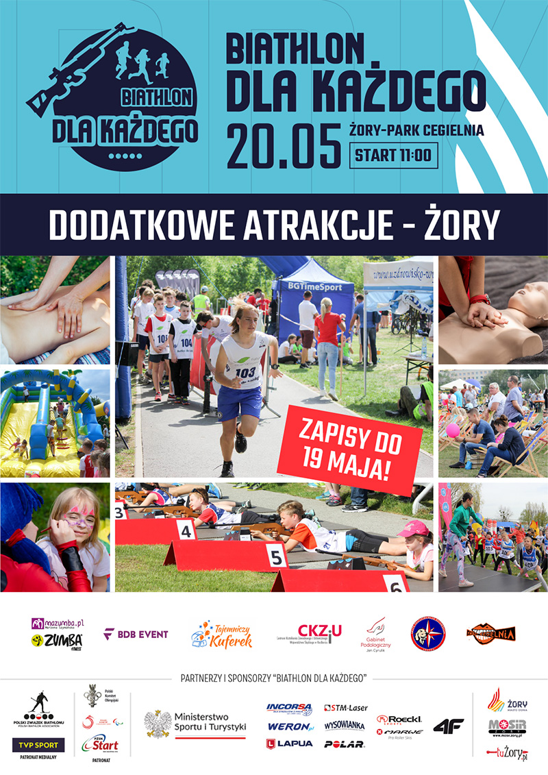 na plakacie informacje o dodatkowych atrakcjach biathlonu dla każdego, zdjęcia stanowisk i loga