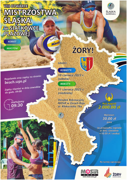 na kolorowym plakacie obrys województwa śląskiego, lista turniejów siatkówki plażowej w poszczególnych miastach i zdjęcia z meczu piłki plażowej