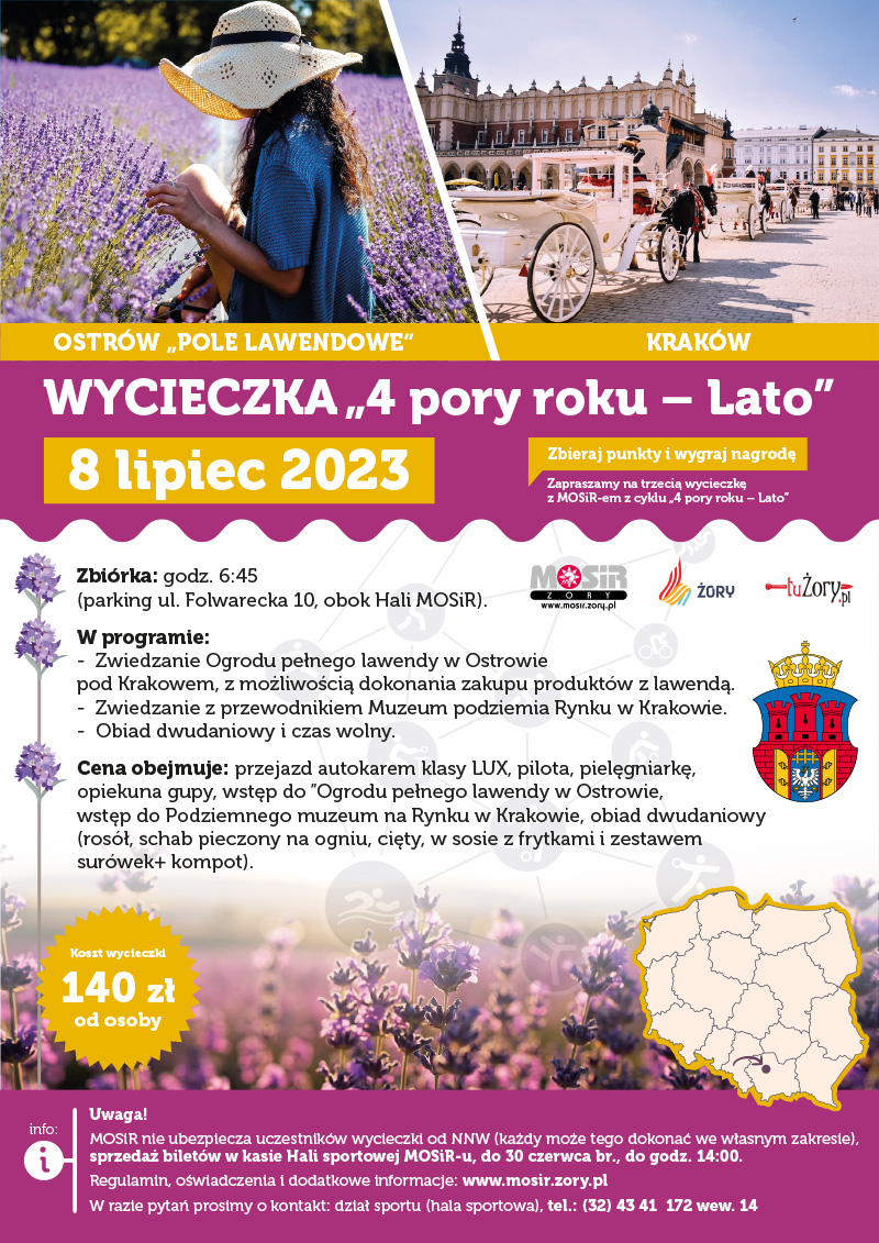 na plakacie zdjęcie kobiety w lawendowym polu i rynek w Krakowie oraz informacje o wycieczce