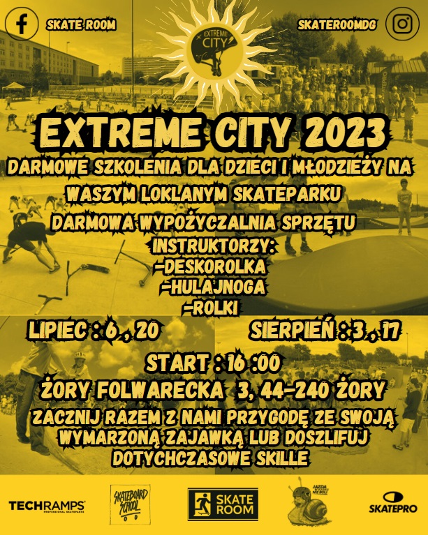na plakacie na żółtym tle zdjęcia dzieci na skateparku i informacje o extreme city